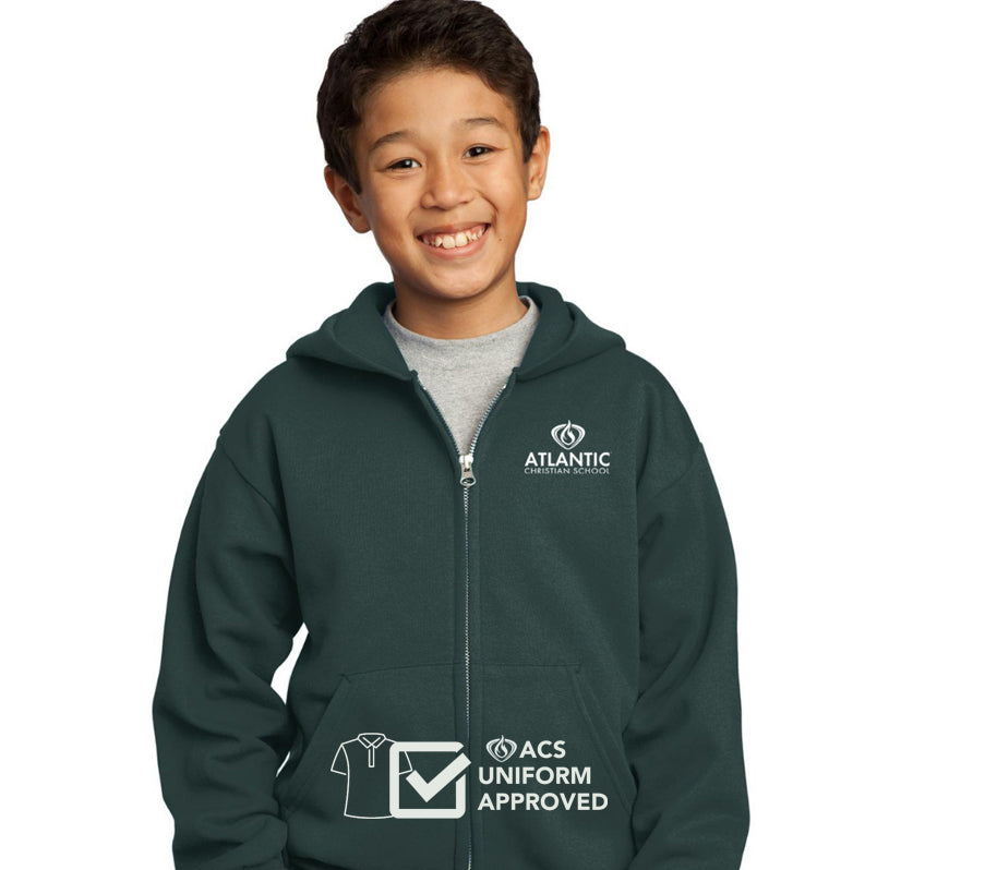 ACS Uniform-Approved Sweatshirt - Zip-Up Hoodie with ACS Logo in White. Available in Black & Dark Green