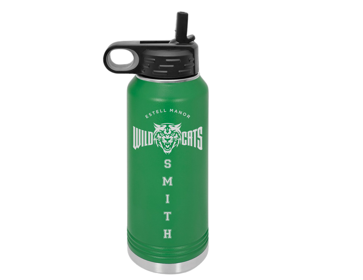 Wildcats Personalized Stainless Steel Water Bottle Engraved with Logo and Last Name - Available in Black and Dark Green