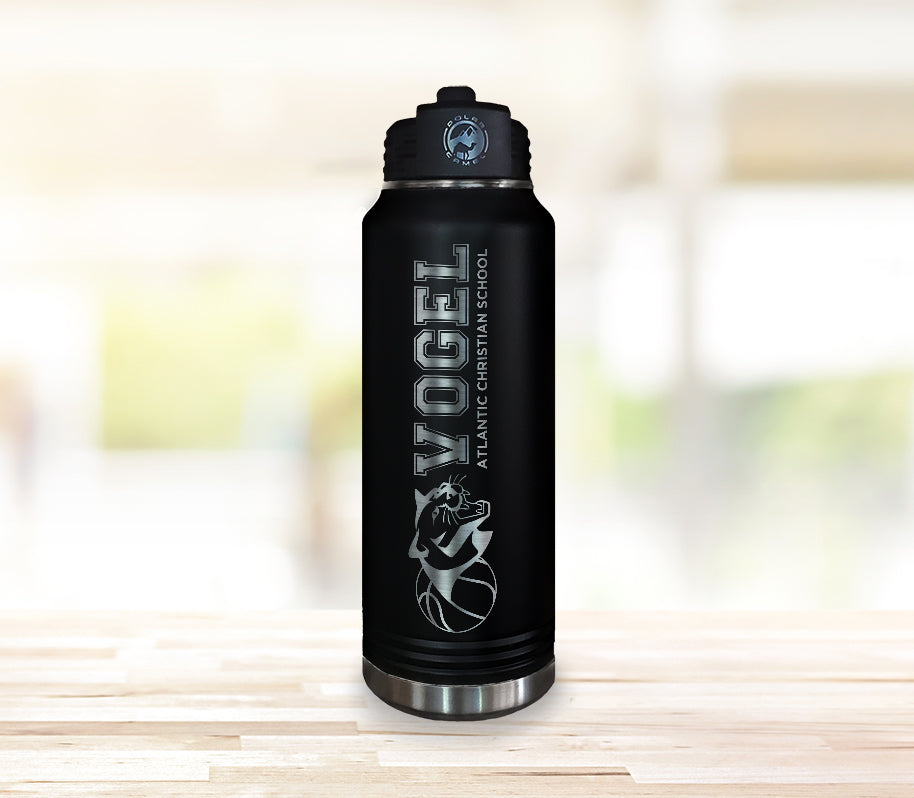 ACS Personalized Stainless Steel Water Bottle Engraved with Basketball and Cougar Head - Available in Black and Dark Green