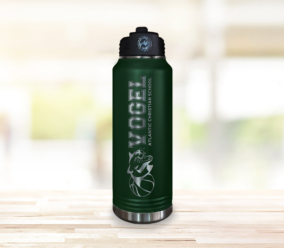 ACS Personalized Stainless Steel Water Bottle Engraved with Basketball and Cougar Head - Available in Black and Dark Green