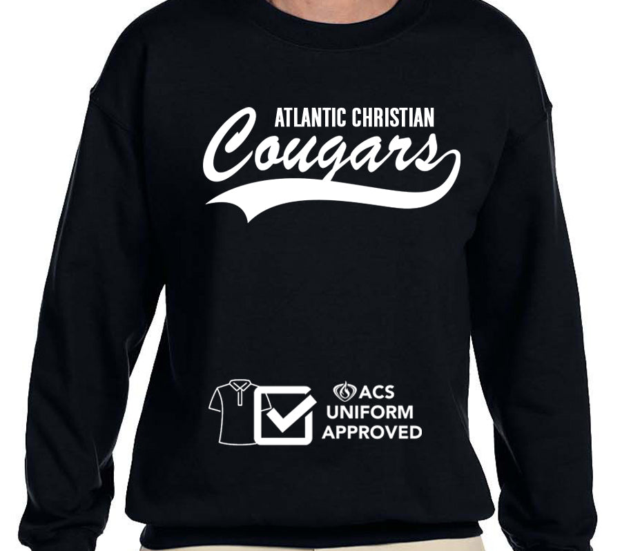 ACS Uniform-Approved Crew Sweatshirt with White Cougars Lettering - Available in Black, Dark Green, and Gray