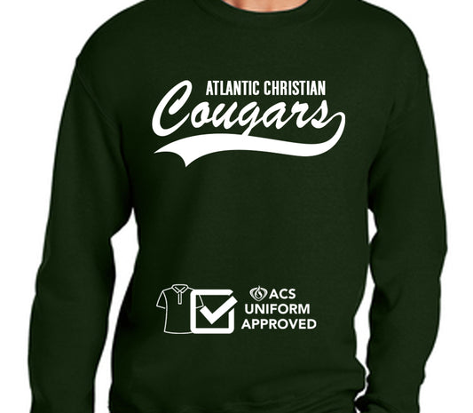 ACS Uniform-Approved Crew Sweatshirt with White Cougars Lettering - Available in Black, Dark Green, and Gray