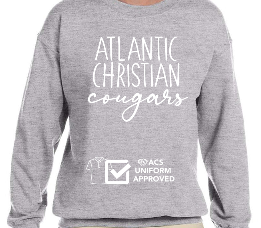 ACS Uniform-Approved Crew Sweatshirt with Atlantic Christian Cougars White Lettering - Available in Black, Dark Green, and Gray