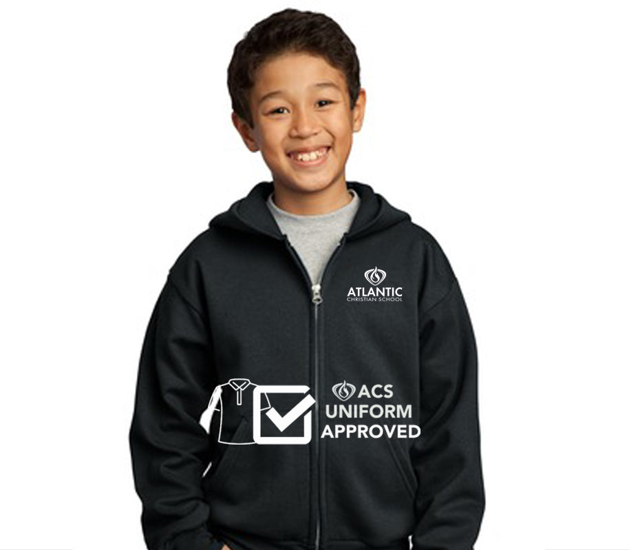 ACS Uniform-Approved Sweatshirt - Zip-Up Hoodie with ACS Logo in White. Available in Black & Dark Green