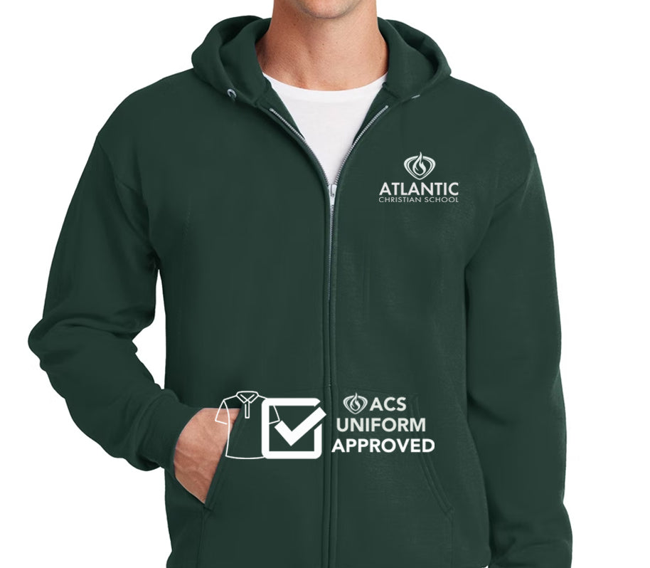 ACS Uniform-Approved Sweatshirt - Zip-Up Hoodie with ACS Logo in White. Available in Black & Dark Green